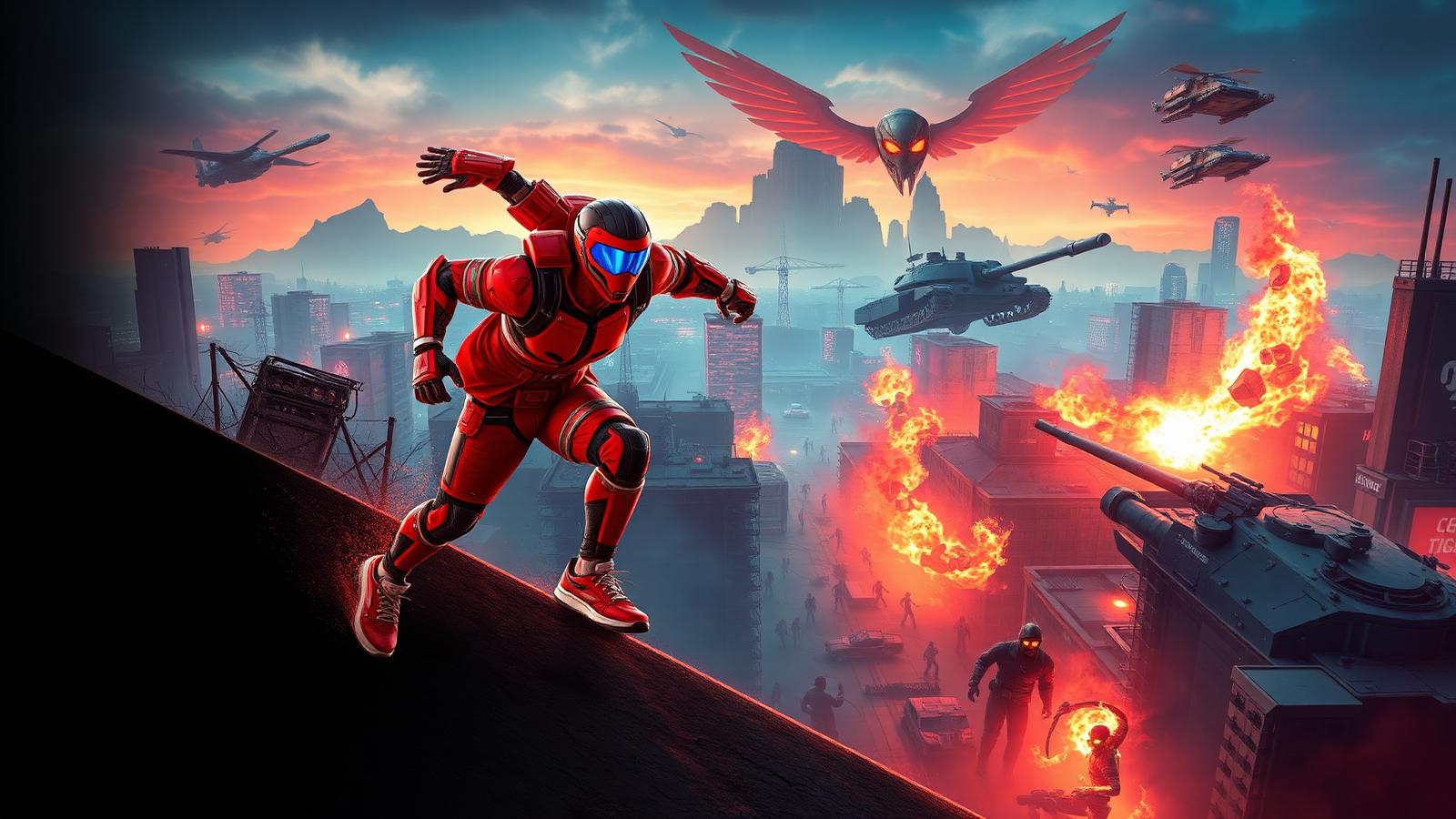 Futuristic action hero racing across a city battlefield