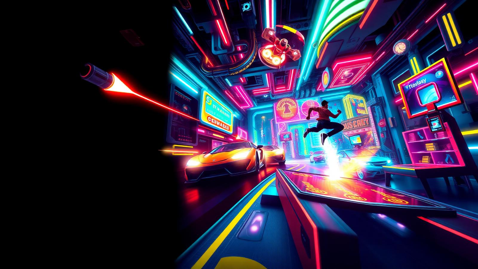 Colorful futuristic arcade with racing, platform, and action games