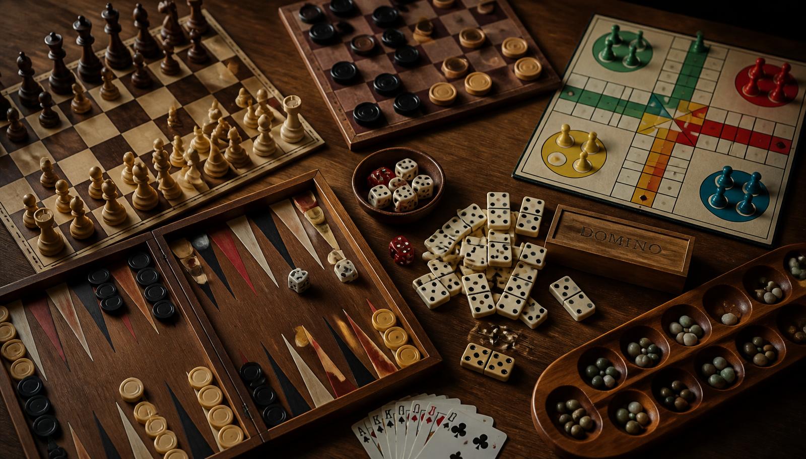 Chess, checkers, ludo, backgammon, dominoes and mancala boards laid out on a wooden table