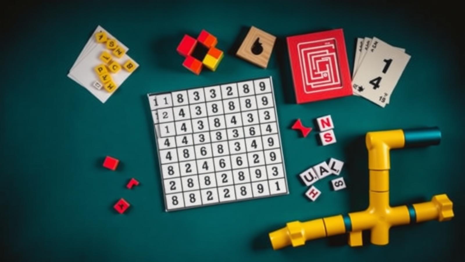Number, word, memory, maze, Tangram, and pipe puzzles arranged on a table