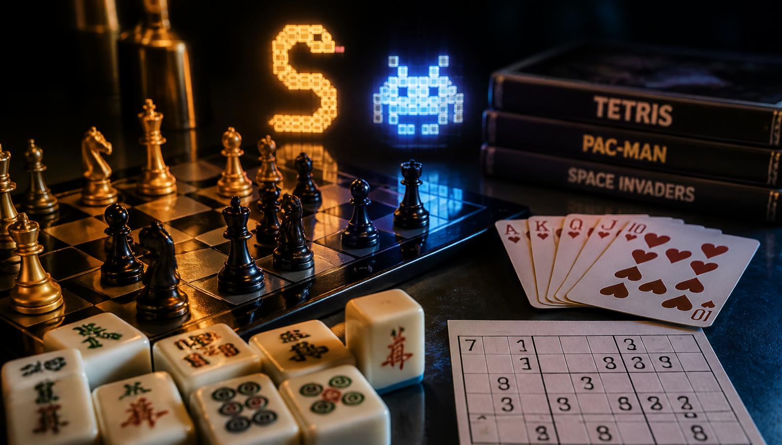 Chess pieces, mahjong tiles, playing cards, a sudoku grid and glowing pixel-art snake and space invader