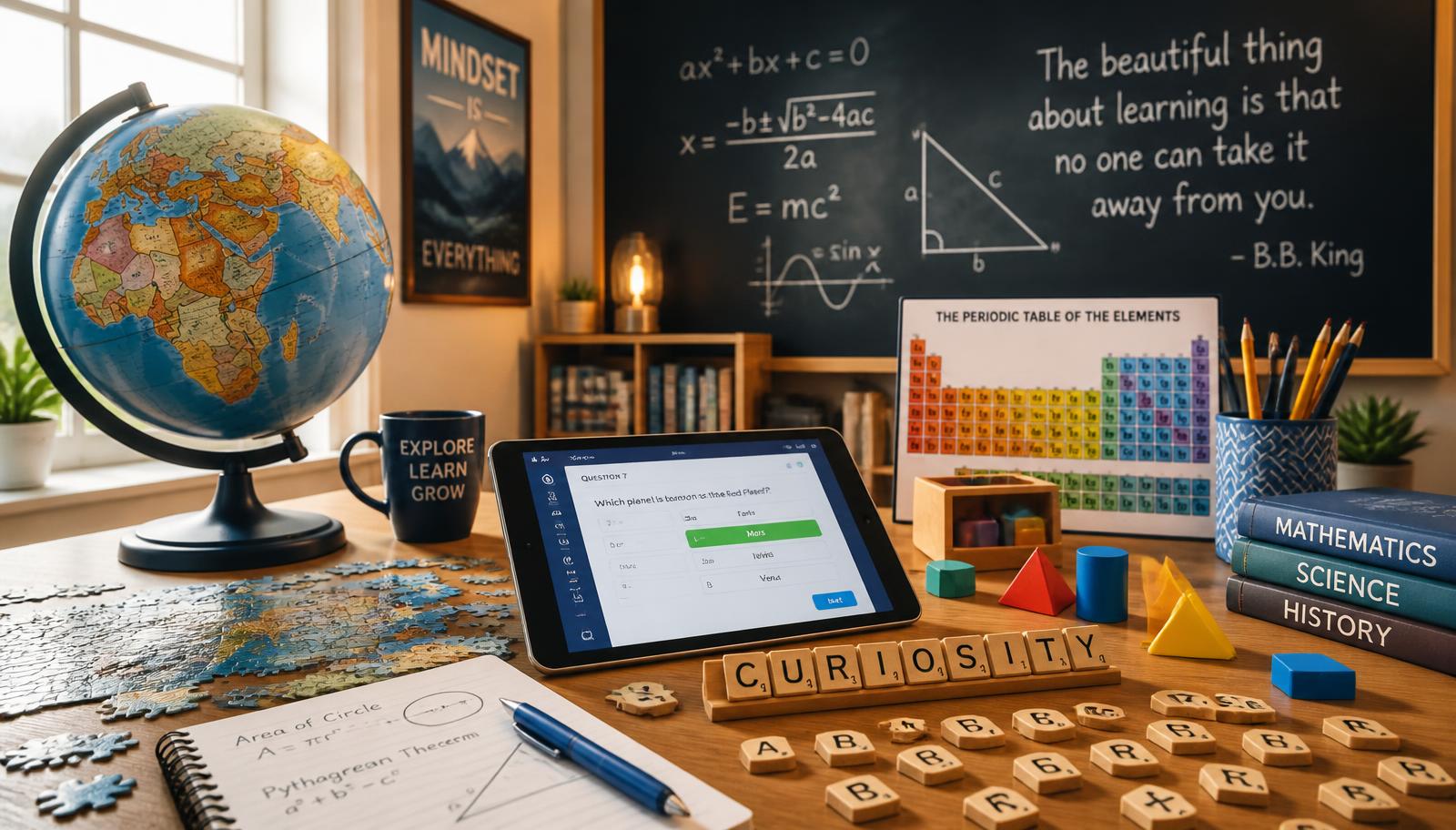 Globe, chalkboard equations, periodic table chart, letter tiles, and a quiz tablet on a study desk