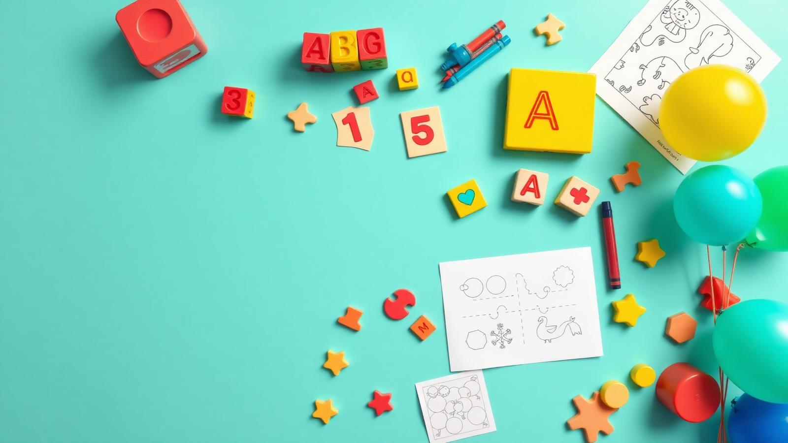 Colorful alphabet blocks, number tiles, puzzle pieces, balloons, and activity sheets