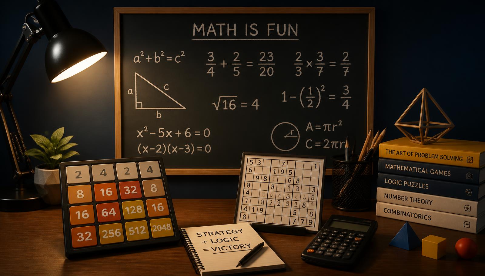 Chalkboard with equations beside glowing 2048 tiles, a sudoku grid, a calculator and stacked math books
