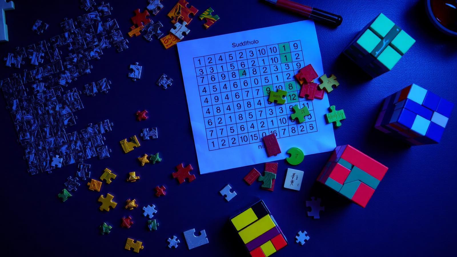 Jigsaw pieces, a sudoku grid, tangram shapes and colourful puzzle cubes spread across a desk
