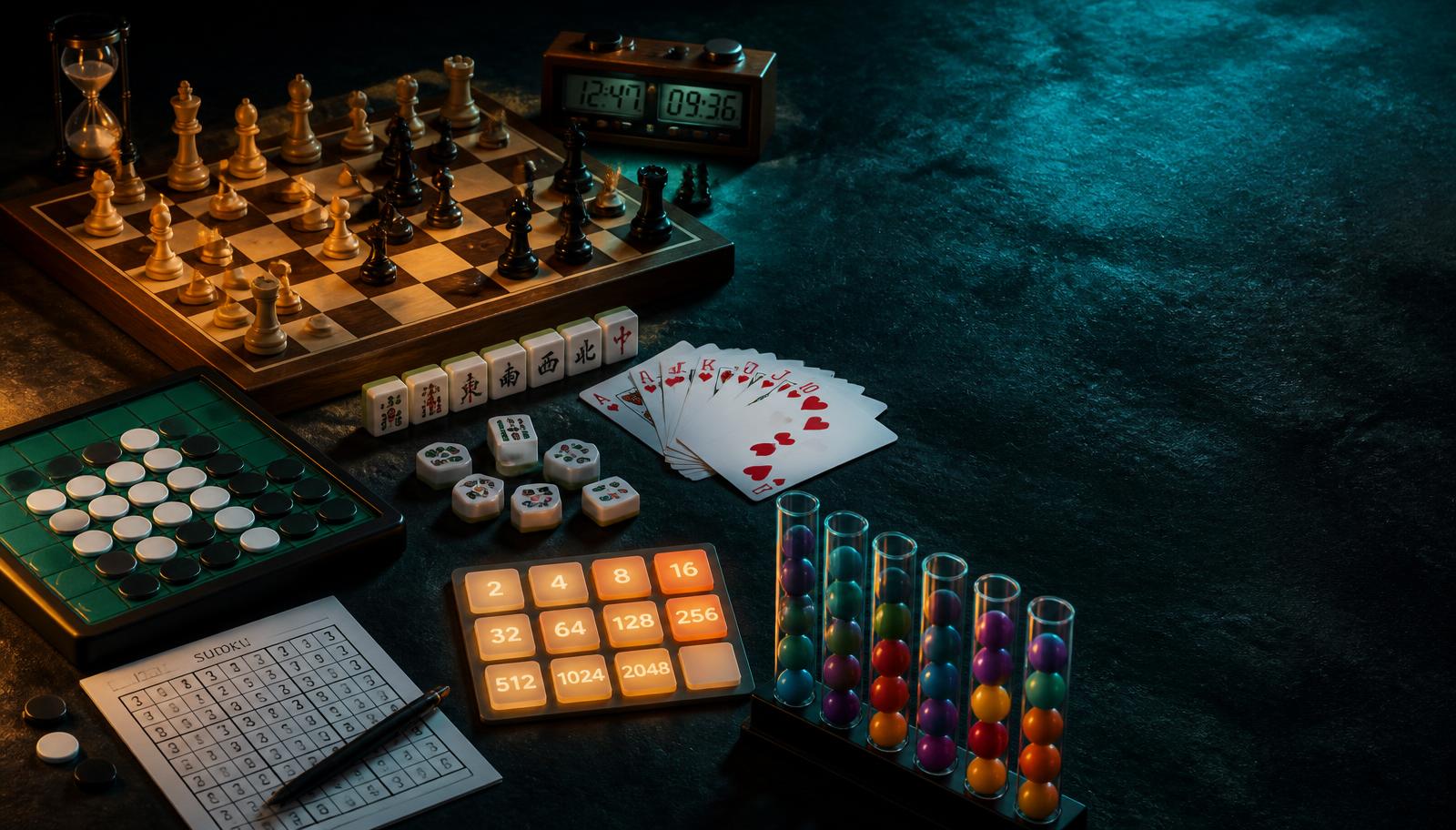 Chess board, Othello discs, mahjong tiles, playing cards, a sudoku grid, glowing 2048 tiles and ball sort tubes